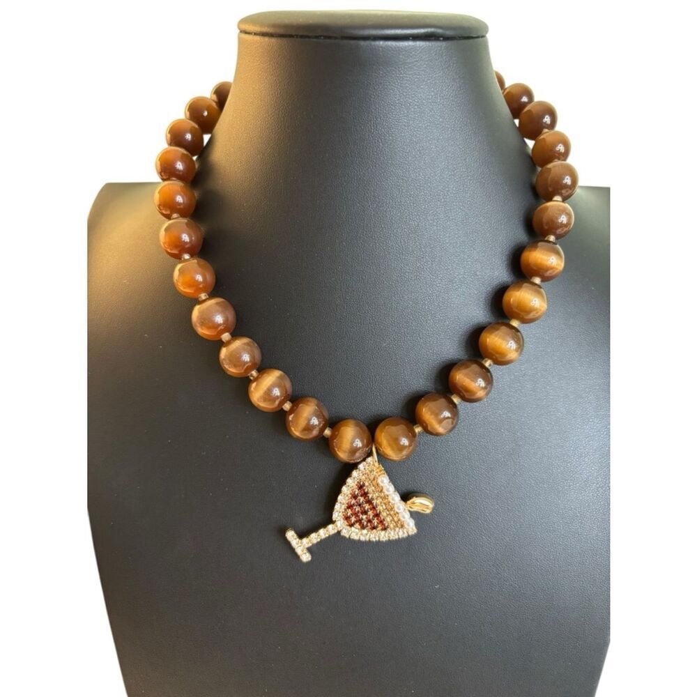 Anthropologie 14kt GP Rhinestone Encrusted Espresso Martini Pendant Necklace.